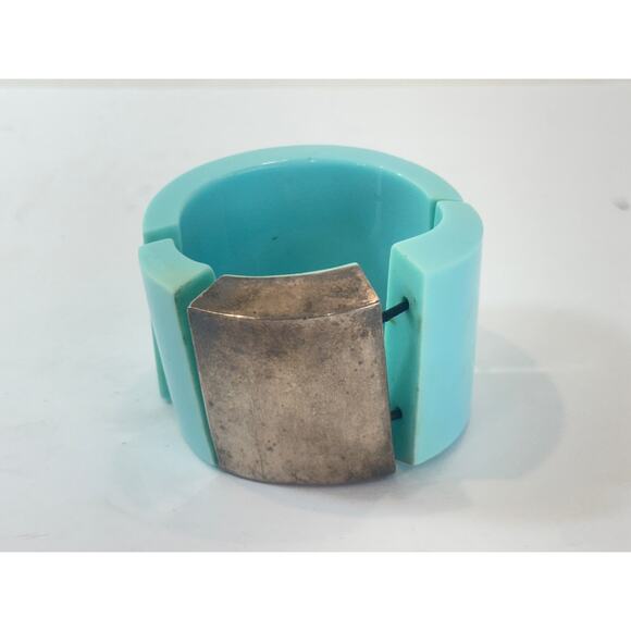 Vtg. Gerda Lynggaard Monies Blue Lucite Sterling Silver Stretch Bracelet Large - Picture 10 of 16